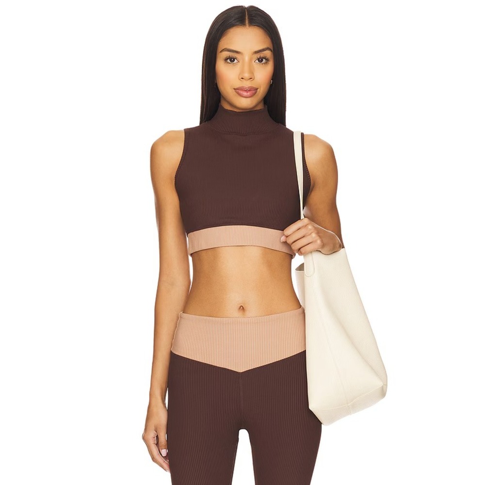 Year Of Ours Sports Bra NWT Ribbed Contrast Bodhi Bra Mock Neck Dark Brown XS